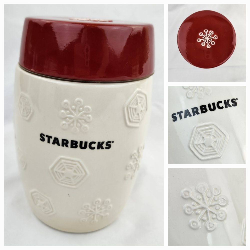 ☕️Starbucks 2011 Red & Ivory Holiday Snowflake Embossed Ceramic Canister & Lid